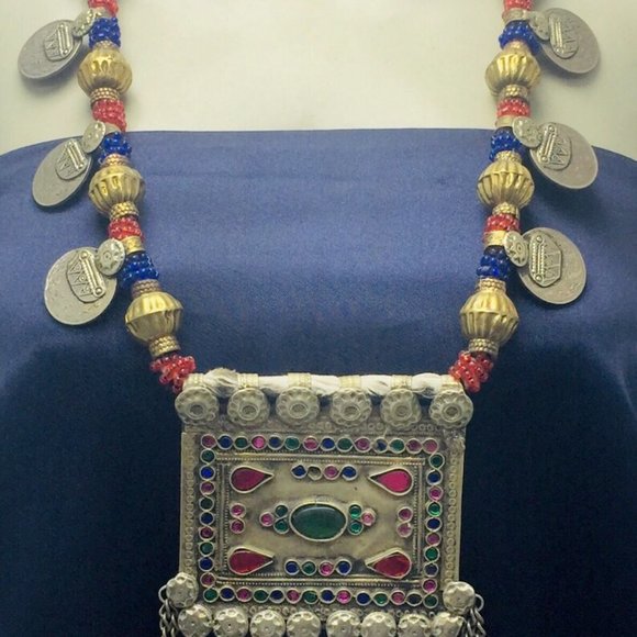 Red and Blue Beaded Pendant NecklaceBohemian Necklace - Picture 2 of 9